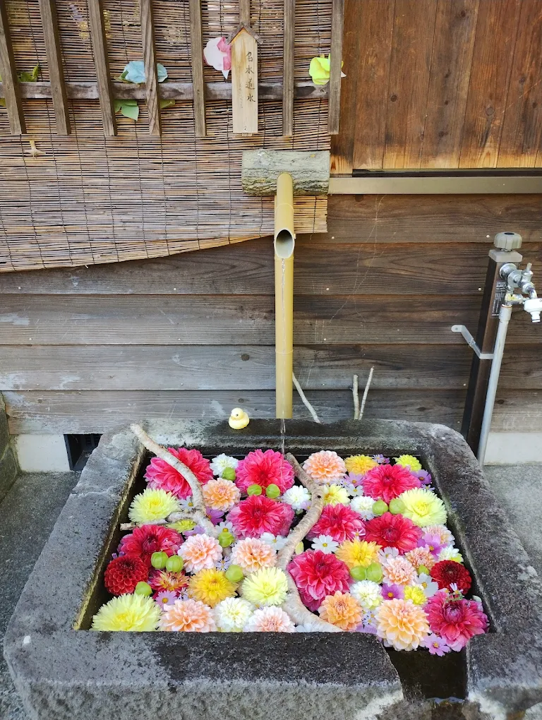 Stone water basin decorated with colorful flowers